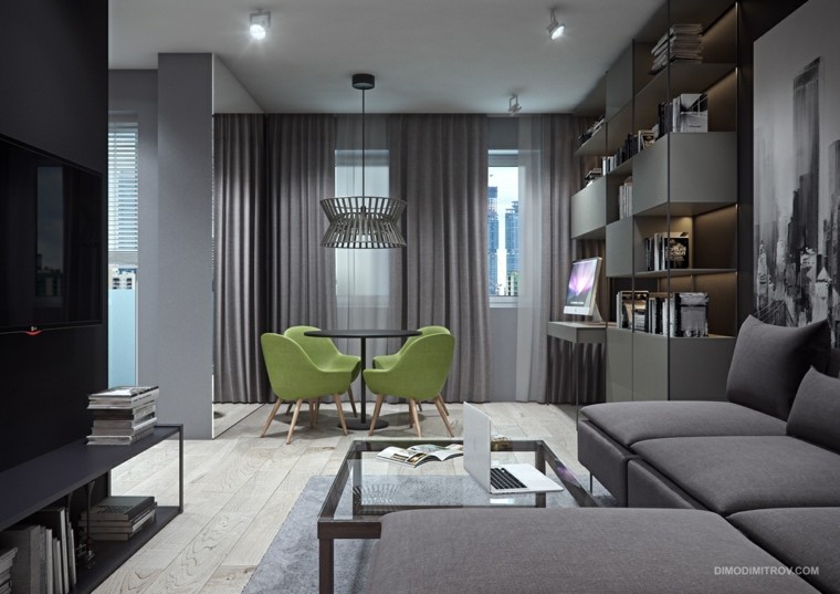 mažas pramoninio stiliaus buto idėja pilka kampinė sofa žalia fotelio apvalus stalas