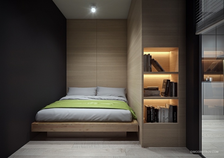 interjero dizaino miegamojo knygų spintos medžio apšvietimo idėja