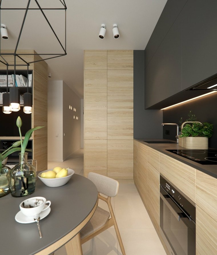 virtuvės dizaino idėja mažas modernus butas mediniai baldai pakabinama šviesa