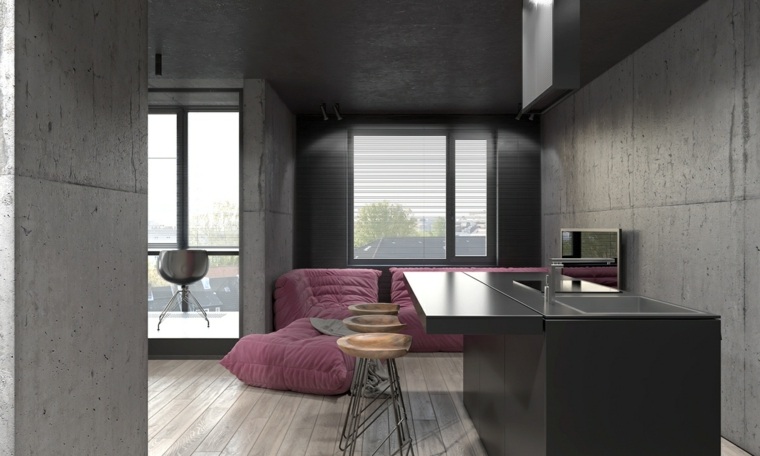 interior design soggiorno divano idea parquet isola cucina in legno