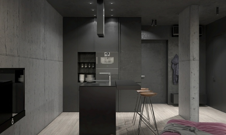 idea di design per cucina sgabelli in legno con isola da cucina in stile industriale