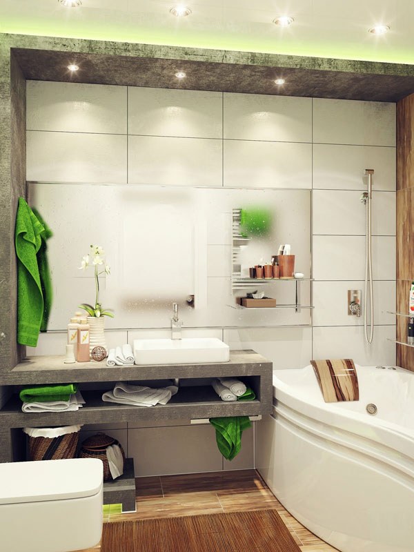 Mažas šiuolaikiško dizaino vonios kambarys su saugykla