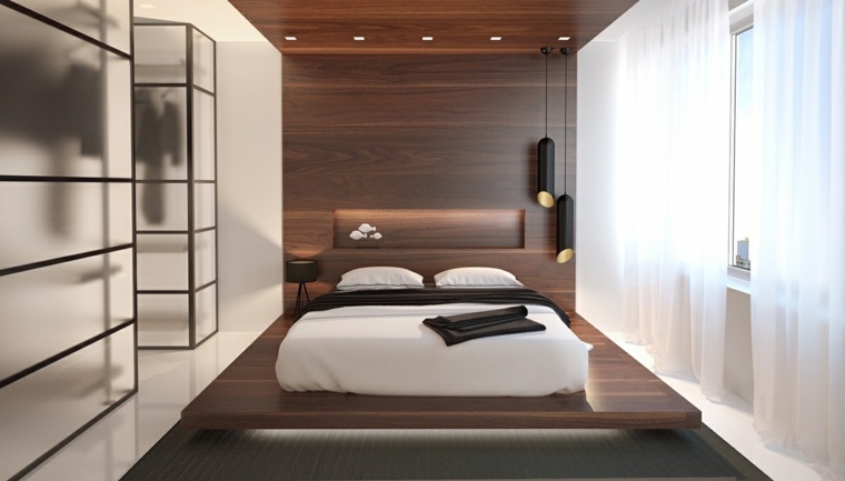 „Zen“ miegamojo nuotrauka modernios lovos medžio dekoro baltos užuolaidos