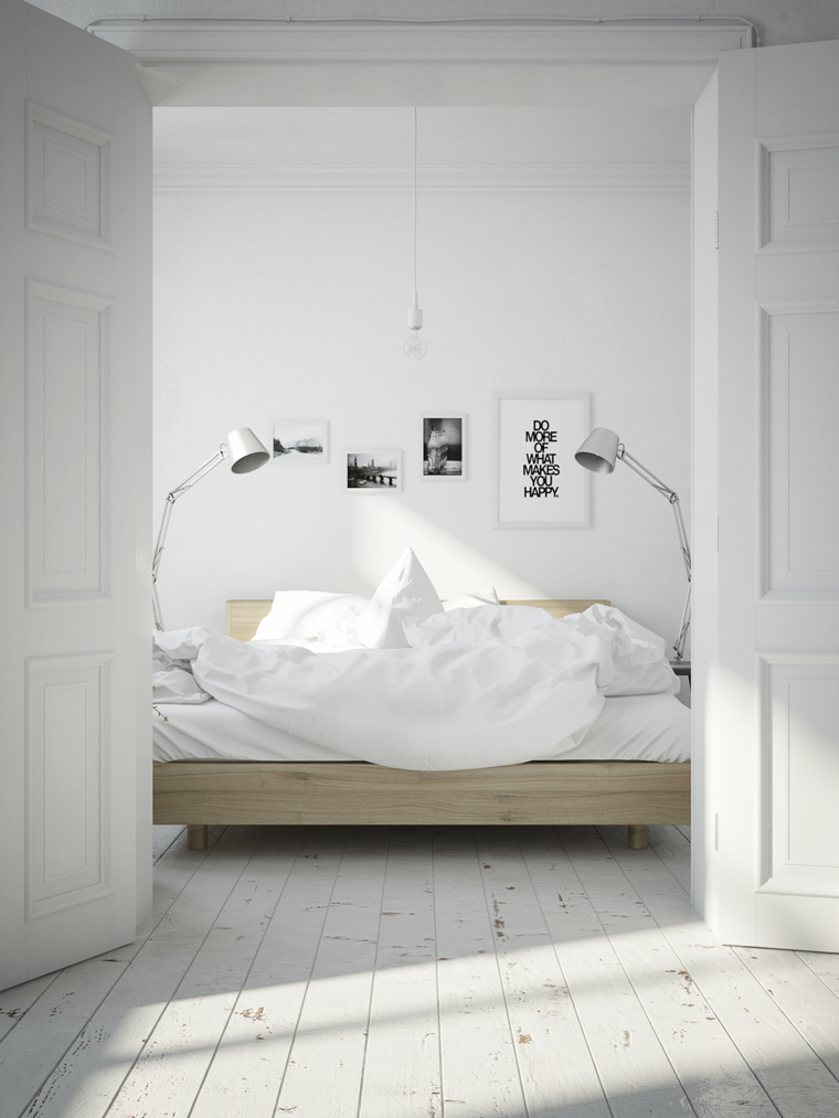 felnőtt pihentető hálószoba deco modern design fehér és fa