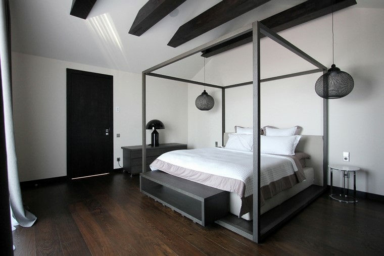 Tėvų miegamojo įvaizdis minimalistinio stiliaus šiuolaikiška suaugusiųjų lova