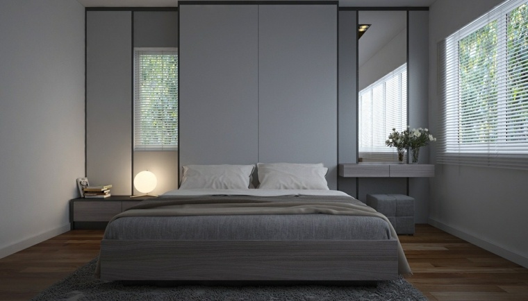 modernaus dizaino miegamojo pilkos spalvos apdaila japoniška atmosfera