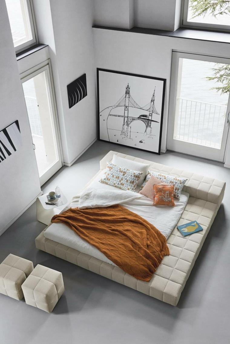 nuotrauka zen miegamojo apdaila minimalizmas suaugusiųjų lova capitonne