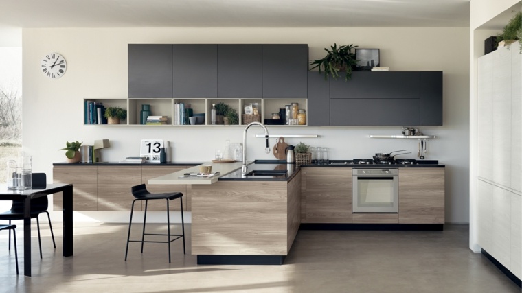 foto cucina moderna bianco-legno-grigio