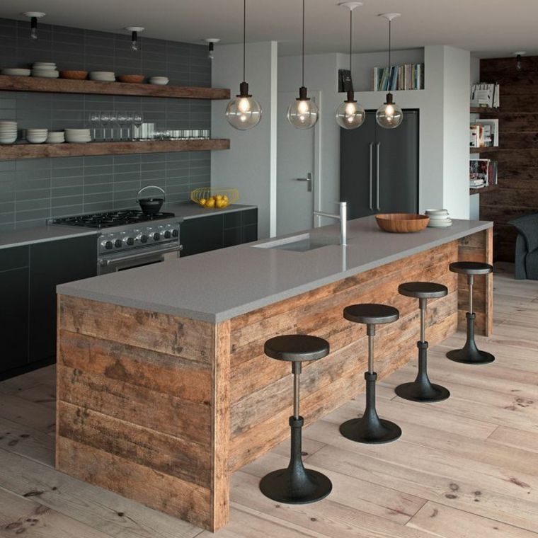 betonske radne površine kuhinjski otok drvene stolice