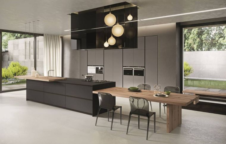 juodo granito-darbo-viršaus-modernaus-virtuvės-valgomojo zona