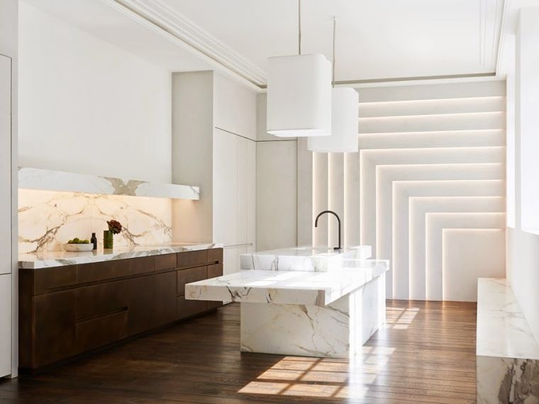 Modernūs virtuvės stalviršiai iš marmuro baldų dizaino medžio