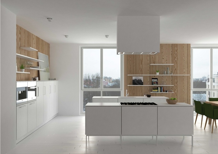 moderna kuhinja centralni otok aspirator za bijelo drvo drveni namještaj lažni strop dizajn drveni parket