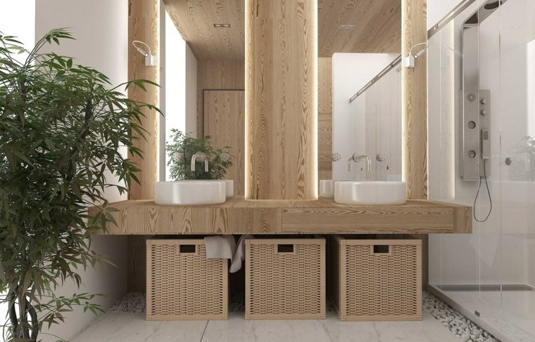 dizajn zelene biljke drvena biljka ideja umivaonik ogledalo trend izgled kupaonice