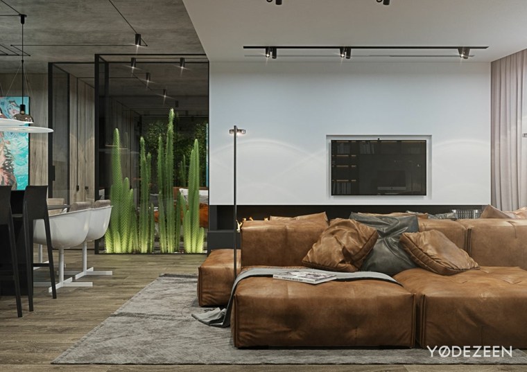 sukulenti zelene biljke ideja dizajna interijera kauč kožni jastuci podna prostirka siva moderna dnevna soba kauč koža