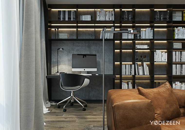 ideja radnog prostora dnevni boravak kauč kožna polica za knjige moderan dizajn