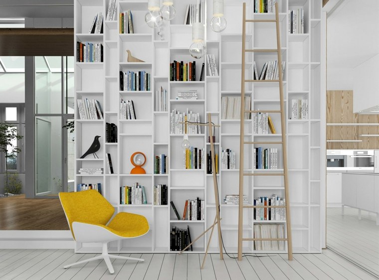 zelena biljka dizajn interijera polica za knjige dizajn drveta žuta fotelja moderan drveni parket