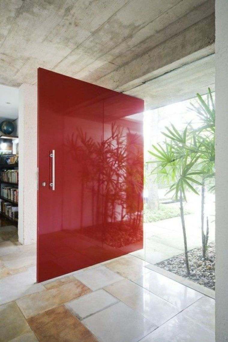 モダンなエクステリアドアデザイン赤い色の家のファサードコンクリート