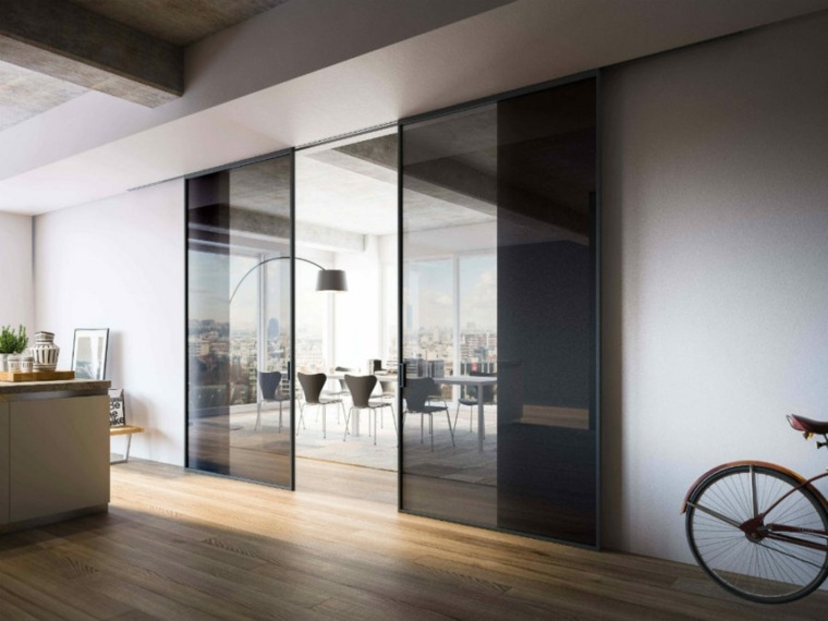 modernaus dizaino durų dvigubo stumdomo stiklo juoda skydelio nuotrauka