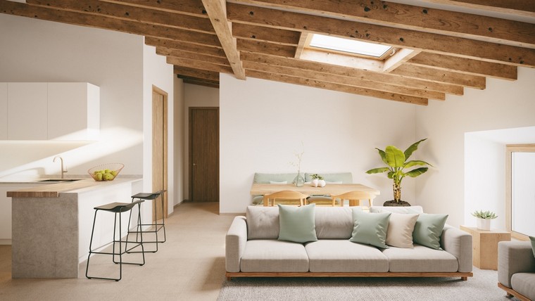 tetőablak nappali ötlet kanapé bár konyha széklet álmennyezet fa