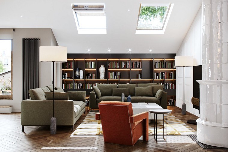 Modern belsőépítészeti tetőablakos fotel könyvespolc nappali