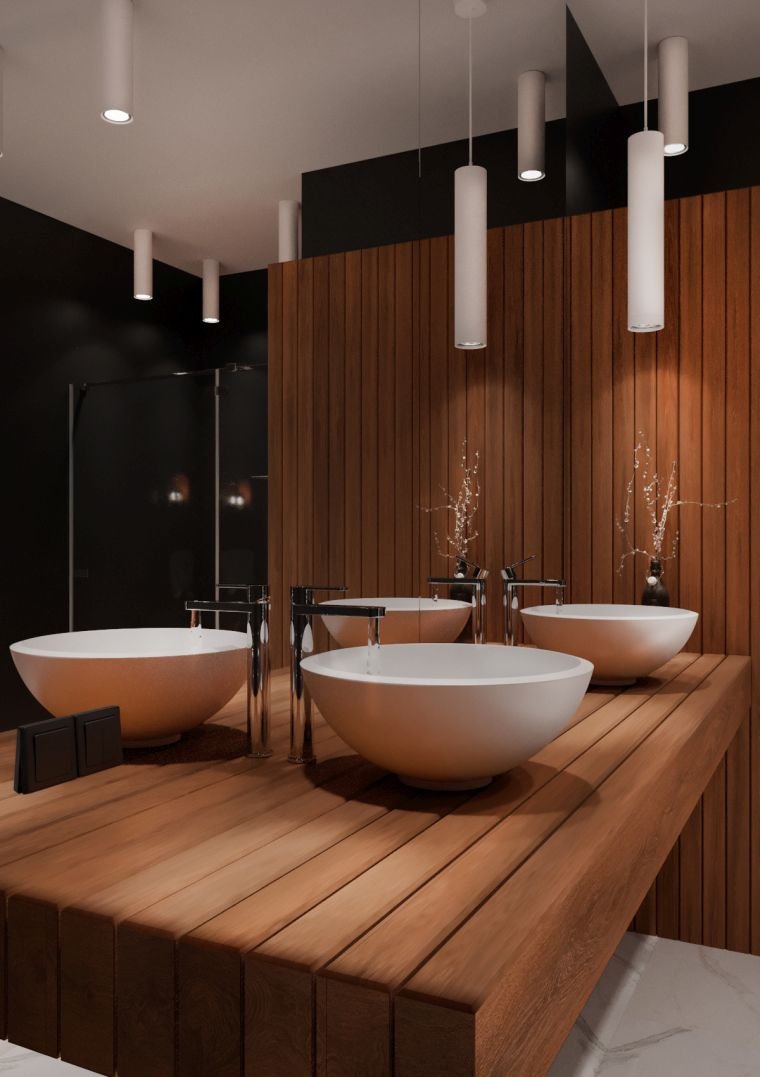 vonios kambarys su medine sienų danga