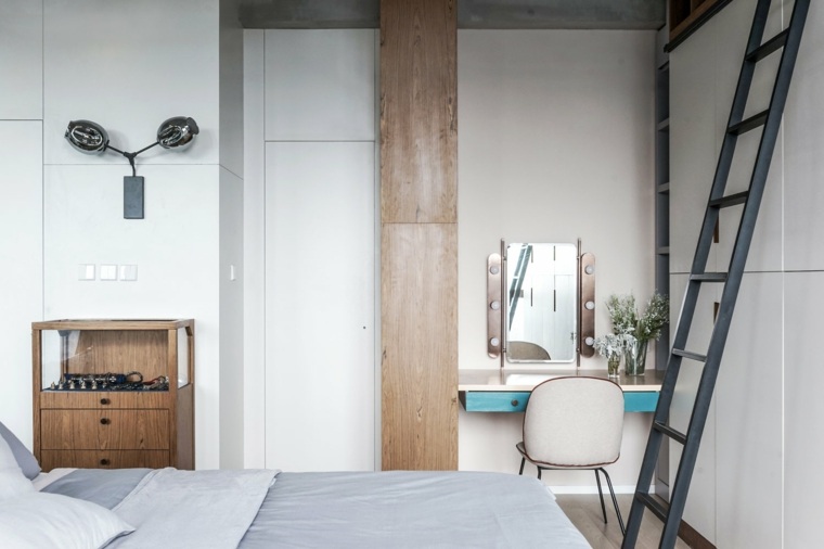 skandináv belsőépítészeti hálószoba ágy fa szekrény világítóasztal