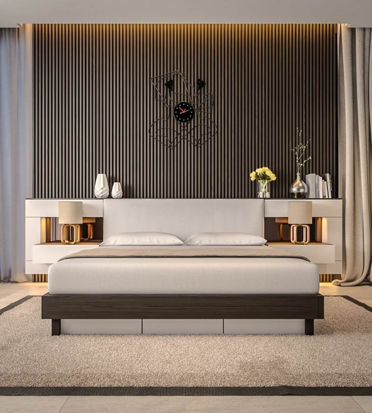interjero dizainas miegamasis šiuolaikinė idėja medžio rėmo lova
