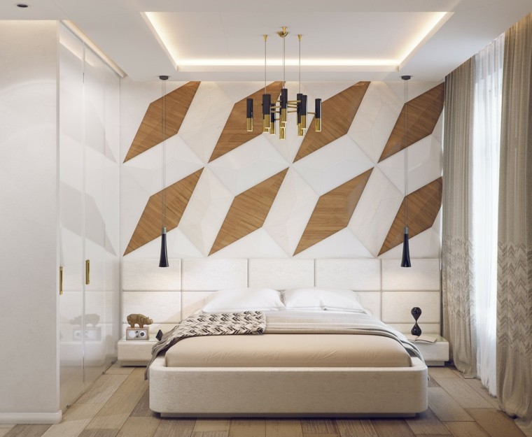 木製の壁の白い寝室の色のアイデア