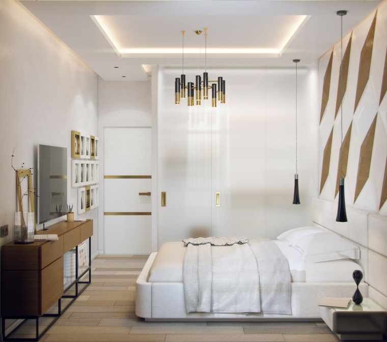 modern dizájn hálószoba fehér fal fa deco világítótest ötlet