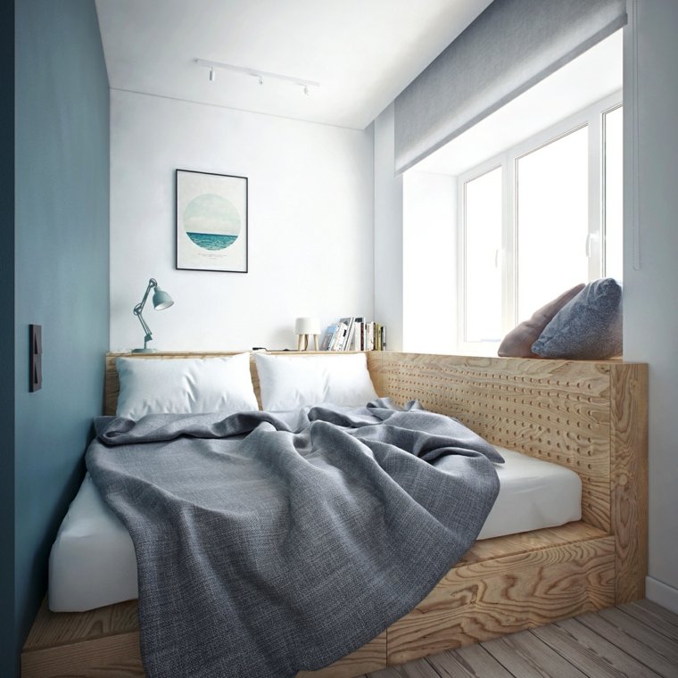 modern hálószoba belsőépítészet fa ágykeret ötlet polcok