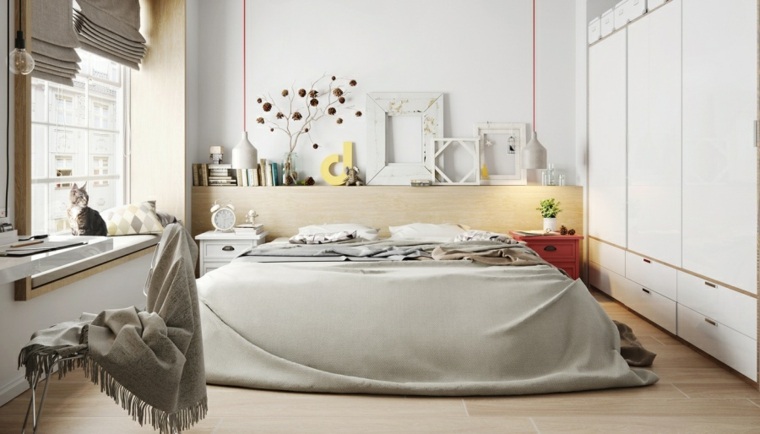 modern belsőépítészeti ötlet hálószoba fa keret fehér szekrény szék