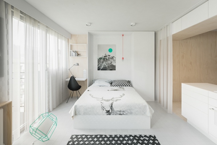 hálószoba ágykeret világítótest felfüggesztés padlószőnyeg fekete fehér díszítő ötlet komód