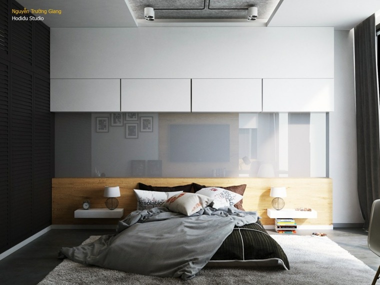 灰色の寝室のデザインのアイデアモダンなインテリア木製フレームベッド照明器具