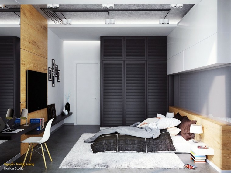 belsőépítészeti ötlet fa design fehér szék ágy szürke szekrény