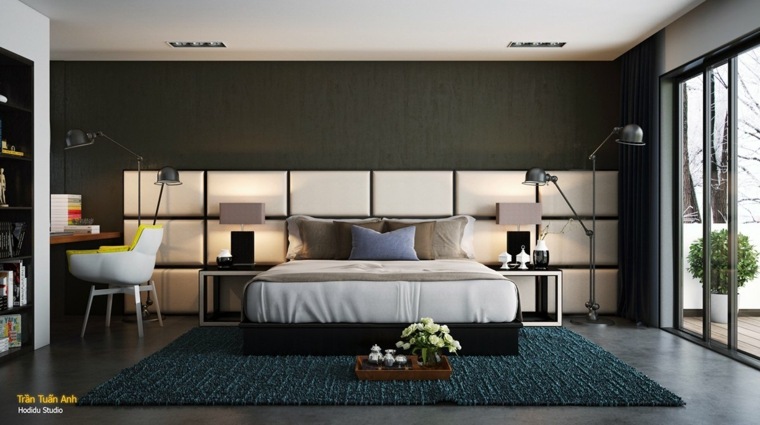 modernaus interjero dizaino miegamojo idėja grindų kilimėlis šviesus galvūgalis