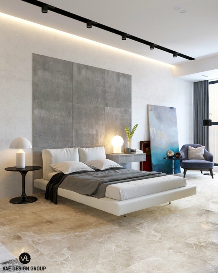 hálószoba színes ötlet tervezés ágy fejtámla szürke márványpadló