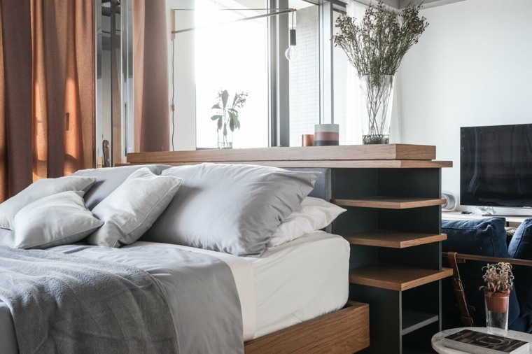 modern lakás design fa keret ágy fa polc ötlet