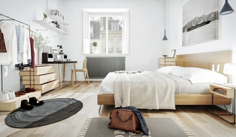 modernaus miegamojo pilko grindų kilimėlio idėja parketo medžio šviestuvo stalo siena