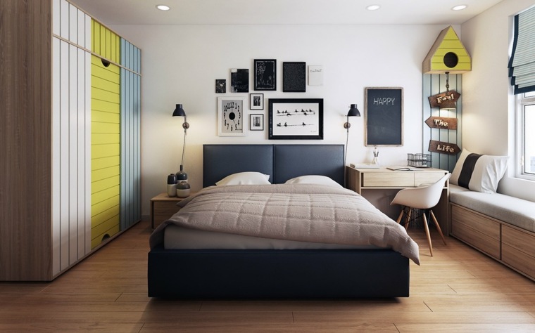 寝室の色のアイデアワードローブの木の装飾壁フレーム寄木細工の床