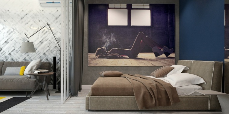hálószoba design deco fali ágy fejtámla szürke kanapé kék párnák ötlet
