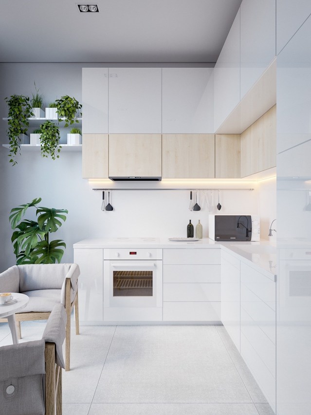 白いキッチンのインテリアデザインの食器棚のアイデア
