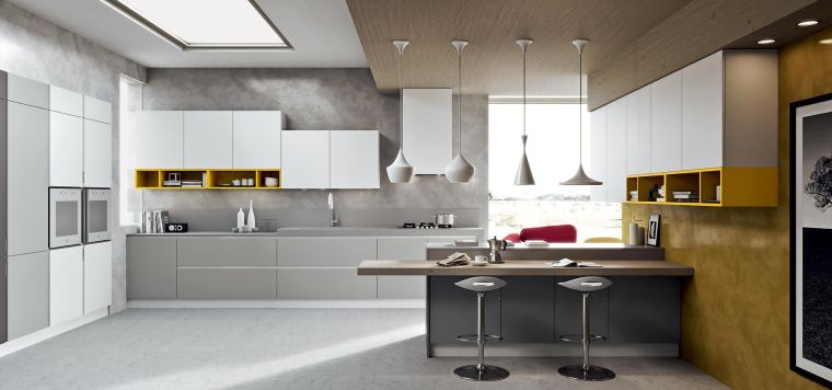 layout della cucina moderna e combinazione di colori mobili bianchi moderni