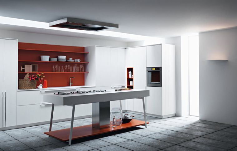 cucina bianca colore modello rosso backsplash isola di stoccaggio aperta
