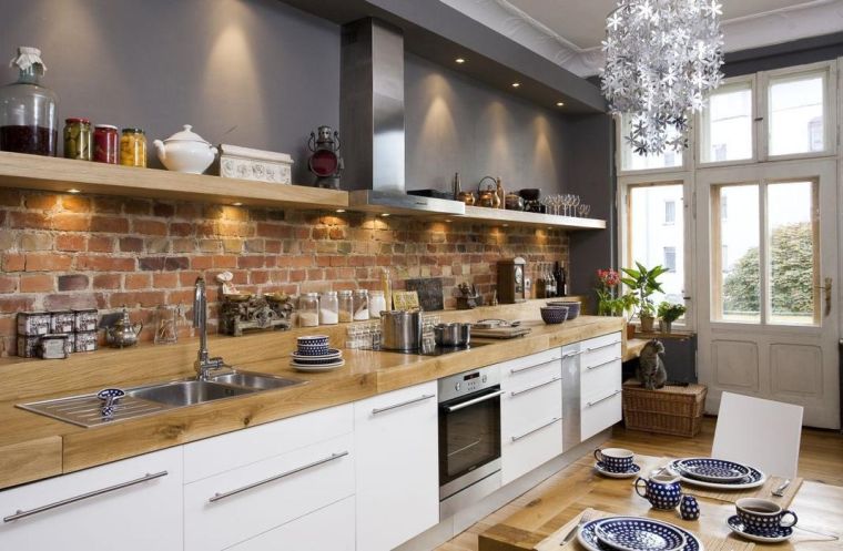 vernice bianca per cucina toni neutri muro grigio muro di mattoni a vista