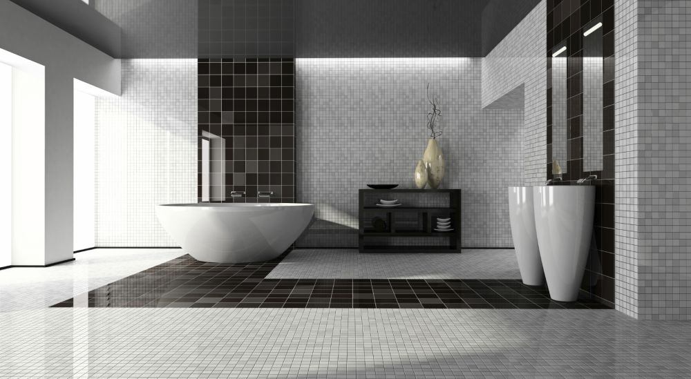 jednostavna i moderna kupaonica kadica dvostruki umivaonik crno bijeli popločan