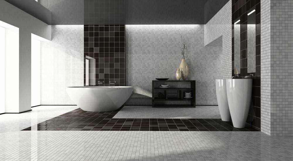 bagno semplice e moderno vasca da bagno doppio lavabo piastrellato bianco nero