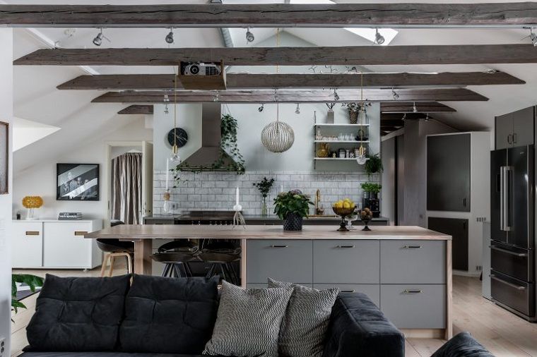 現代的なスタイル-素朴なデコキッチン-露出した梁-色-家具-デザイン-グレー