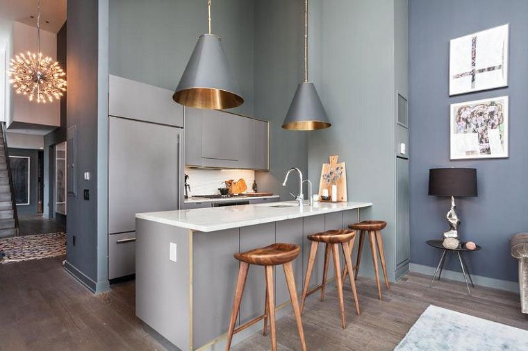 kuhinja-u-u-suvremeni-dizajn-blagovaonica-bar-viseća svjetla-dizajn-siva-boja