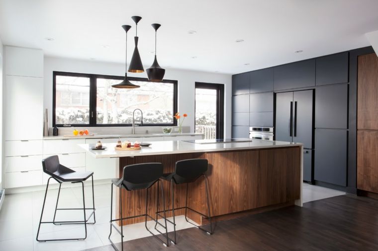 modern konyha dekoráció sziget-fa-szín-fekete-lineáris-terv-bútor-fehér-fekete