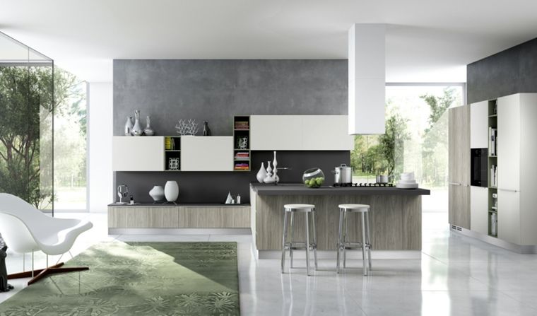 現代的なキッチンの装飾コンクリート-小さな島-木-家具-白